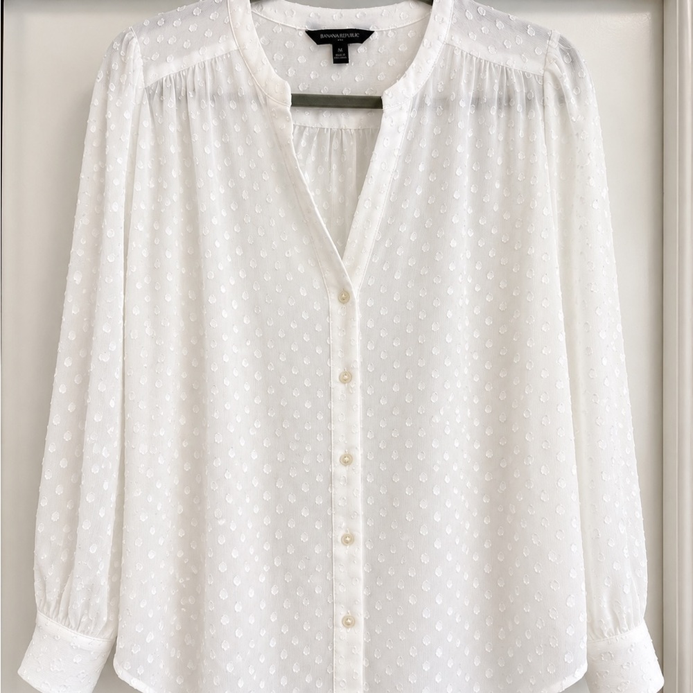 Banana Republic White Swiss Dot Button-Front Blouse Sheer - Size M